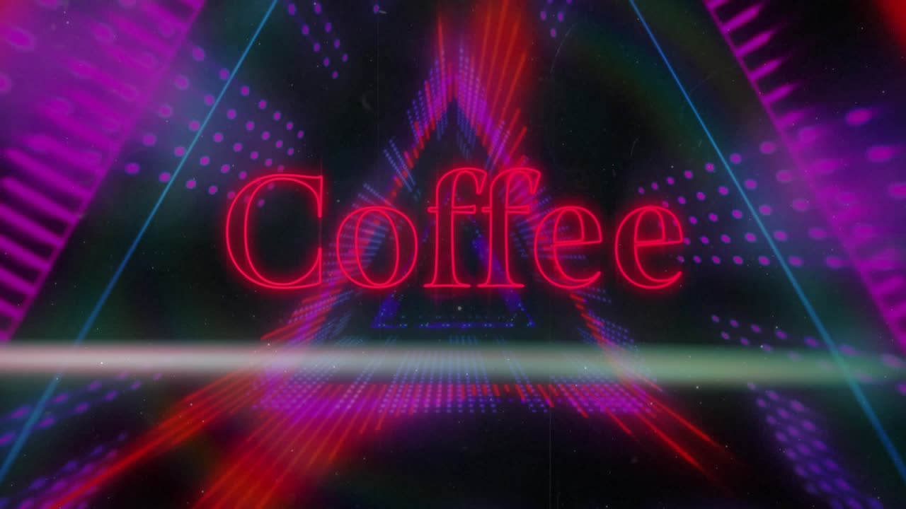 Animazione di banner con testo al neon 'coffee' su tunnel triangolare al neon con motivo continuo
