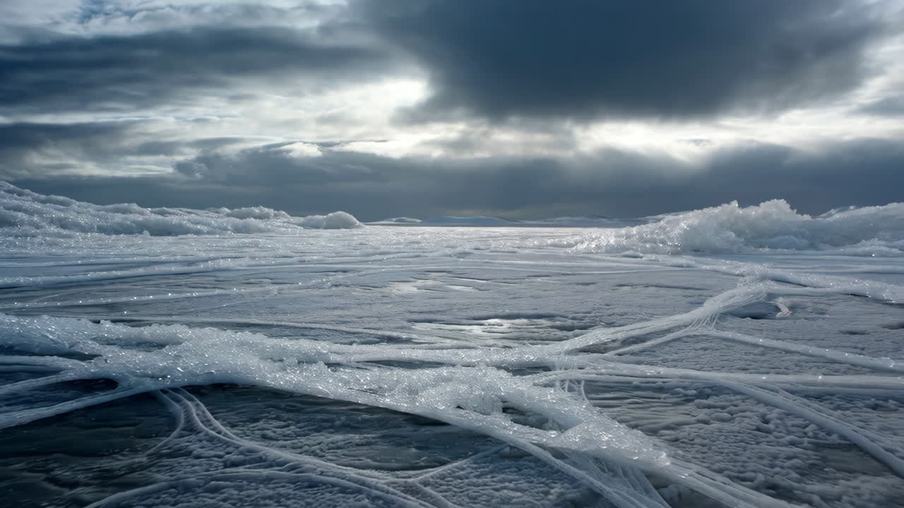Dramatic Frozen Lake Landscape with Unique Ice Patterns