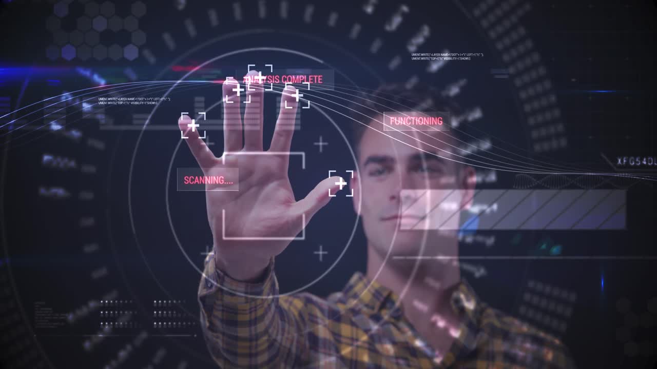 animación de un hombre tocando una pantalla interactiva con procesamiento de datos y escaneo de alcance