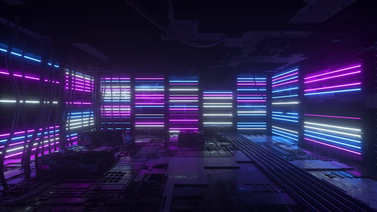 el cuarto de ciberpunk de neón 3d