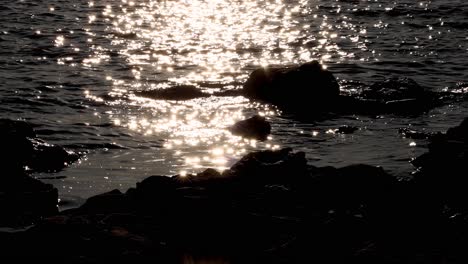 la luz del sol brilla en el agua cerca de la orilla rocosa