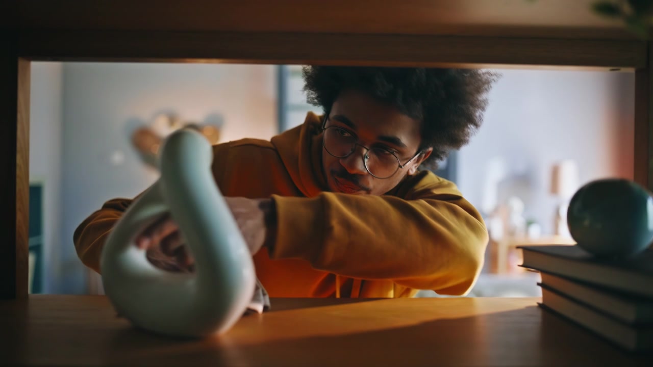 Young man dusting shelf decor at cozy home. Closeup tidying living room.