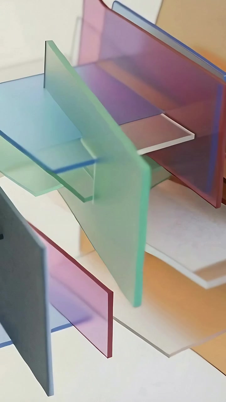 Video verticale: Telecamera panoramica che rivela una pila di pannelli colorati con fessure su una base da studio, con cambiamenti cromatici.
