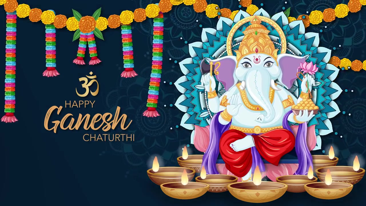 Animazione colorata di Lord Ganesha con mandala rotante, lampade a olio tremolanti e ghirlande di fiori festive