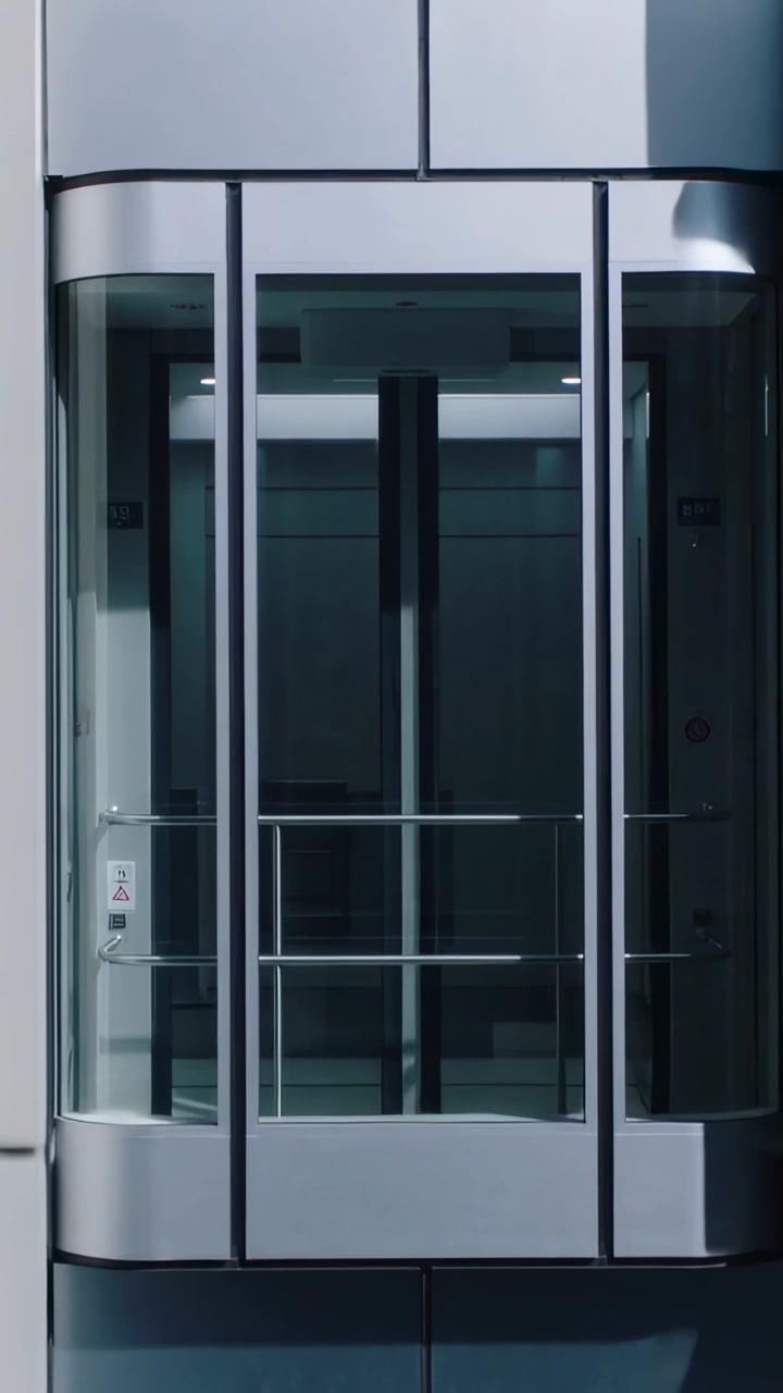 Vertical video: Shifting sunlight nudging glass lift moving up on metal cladding, rails visible