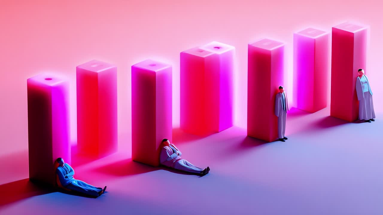 A captivating visual representing human figures in pastel hues of pink and blue, framed by abstract geometric shapes, evoking themes of solitude, connection, and emotion in a contemporary artistic style