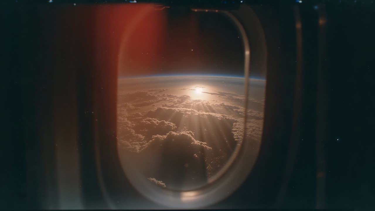 Capturing sun disk slowly rising through porthole window inside flight cabin, due to Earth rotation