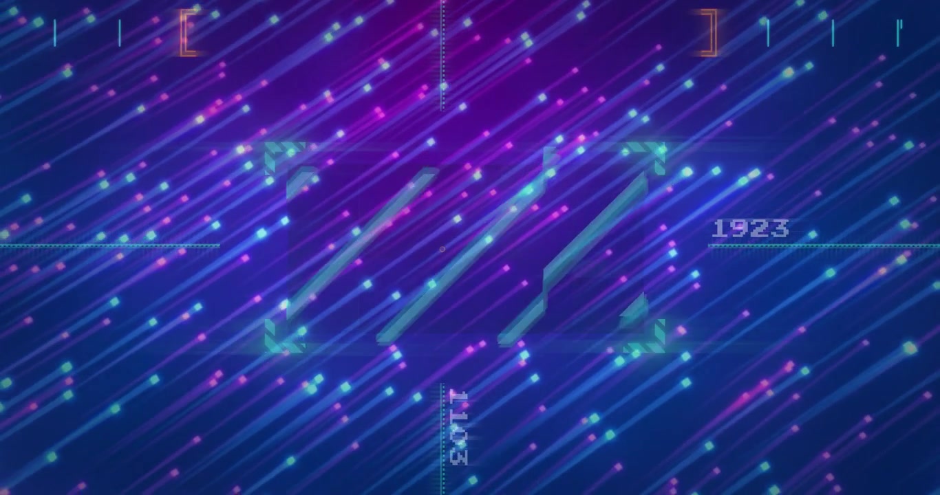 Opening on purple neon streaks, central green target overlay pulsing as readouts updating values