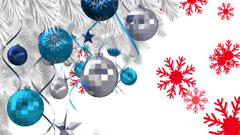 Animation-of-snow-falling-over-christmas-decoration-with-baubles