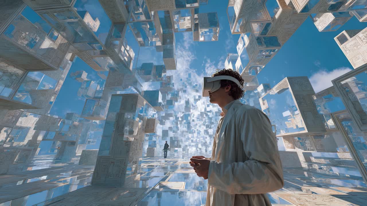 Exploring the Infinite Dimensions of Virtual Reality: A Journey Through Abstract Structures and Ethereal Landscapes, Immersed in the Boundless Possibilities of Digital Worlds with VR Technology