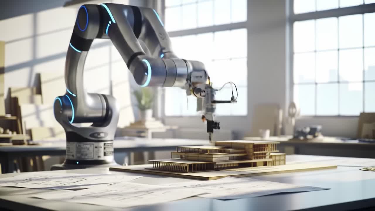 In a bright workspace, a robotic arm skillfully assembles a detailed architectural model. Surrounding sketches and blueprints showcase the future of construction technology and design.