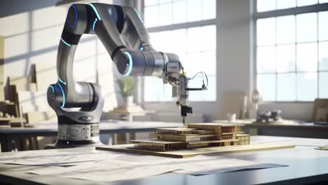 in a bright workspace, a robotic arm skillfully assembles a detailed architectural model. surrounding sketches and blueprints showcase the future of construction technology and design.
