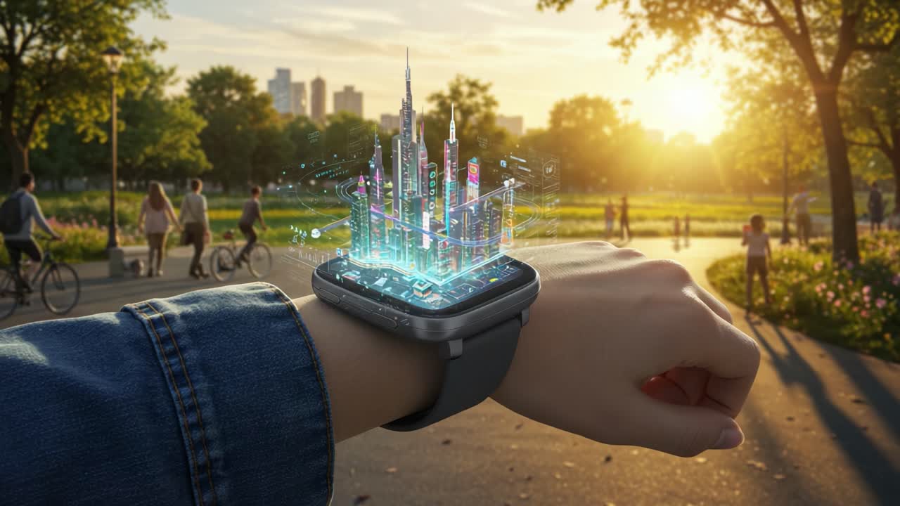 A Futuristic Smartwatch Visualizing a Dynamic Urban Landscape in Augmented Reality, Showcasing Technological Innovation in a Park Setting at Sunset
