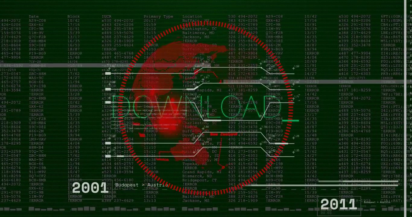 Red wireframe globe rotating inside segmented gauge with green ECG waveform cutting code columns