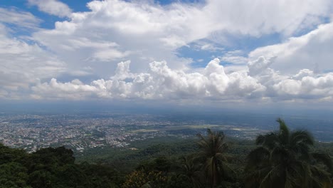 beautiful panoramic view over green lush jungle with city panorama in distance