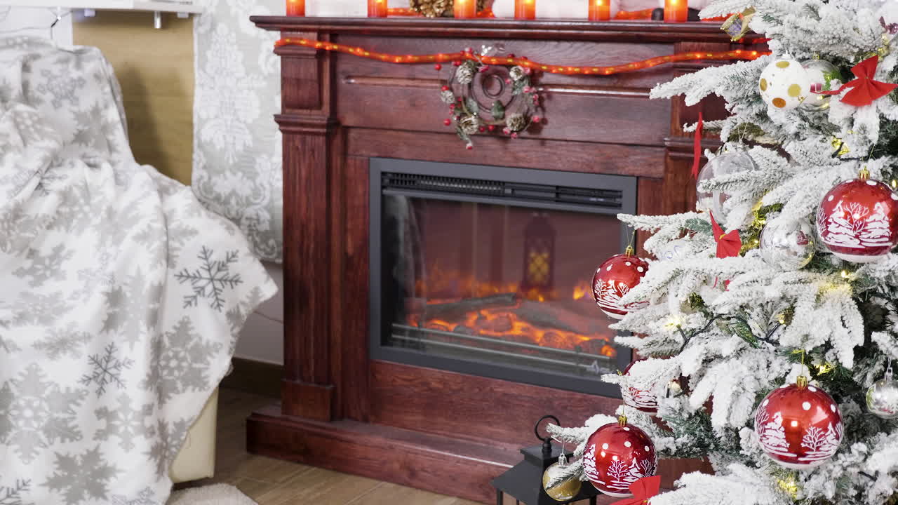 Cozy Christmas scene with decorated tree and fireplace