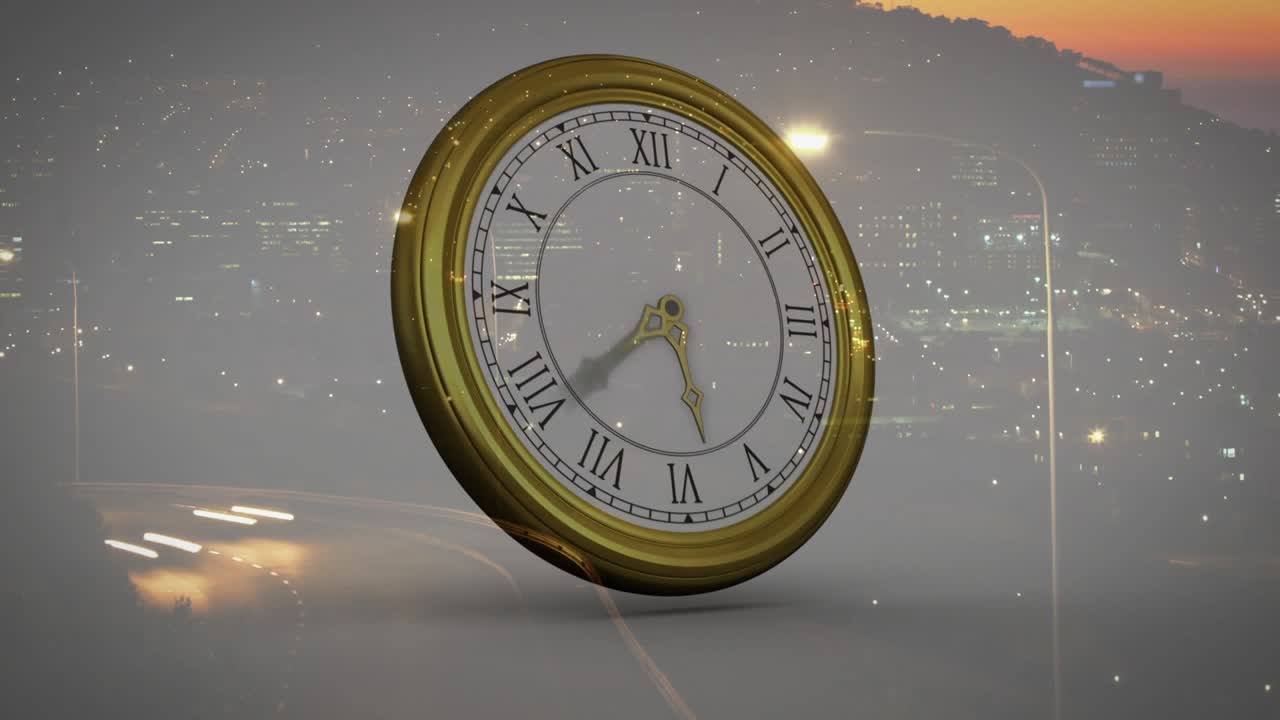 Ornate brass clock rotating and tilting as sunset triggers hands sweeping to show time, rim glints