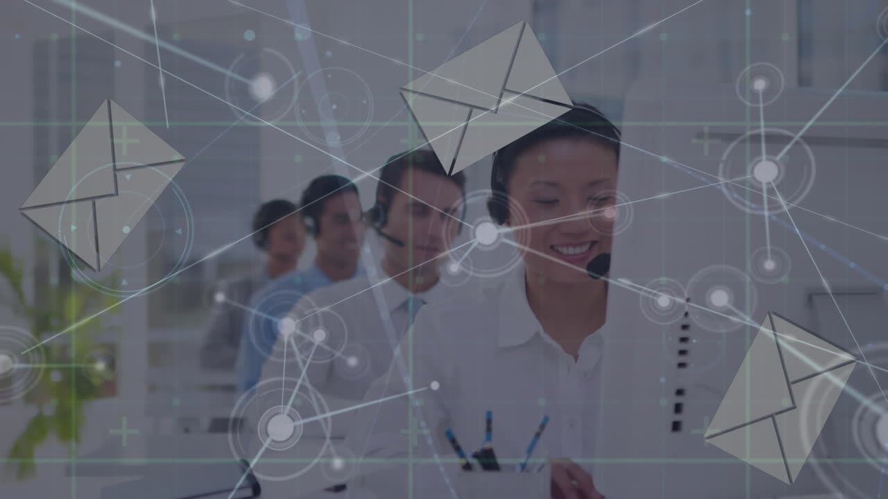 Animation of network of connections with icons over diverse business people in office