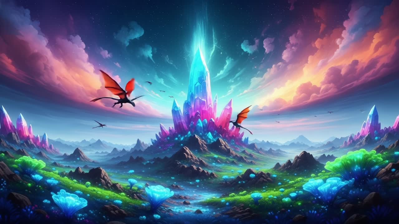 A Vibrant Fantasy Landscape filled with Colorful Crystals, Dragon-like Creatures, and Lush Flora Against a Stunning Sky Backdrop during an Enchanted Twilight
