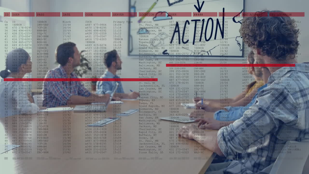 Animation of financial data processing over diverse business people in office