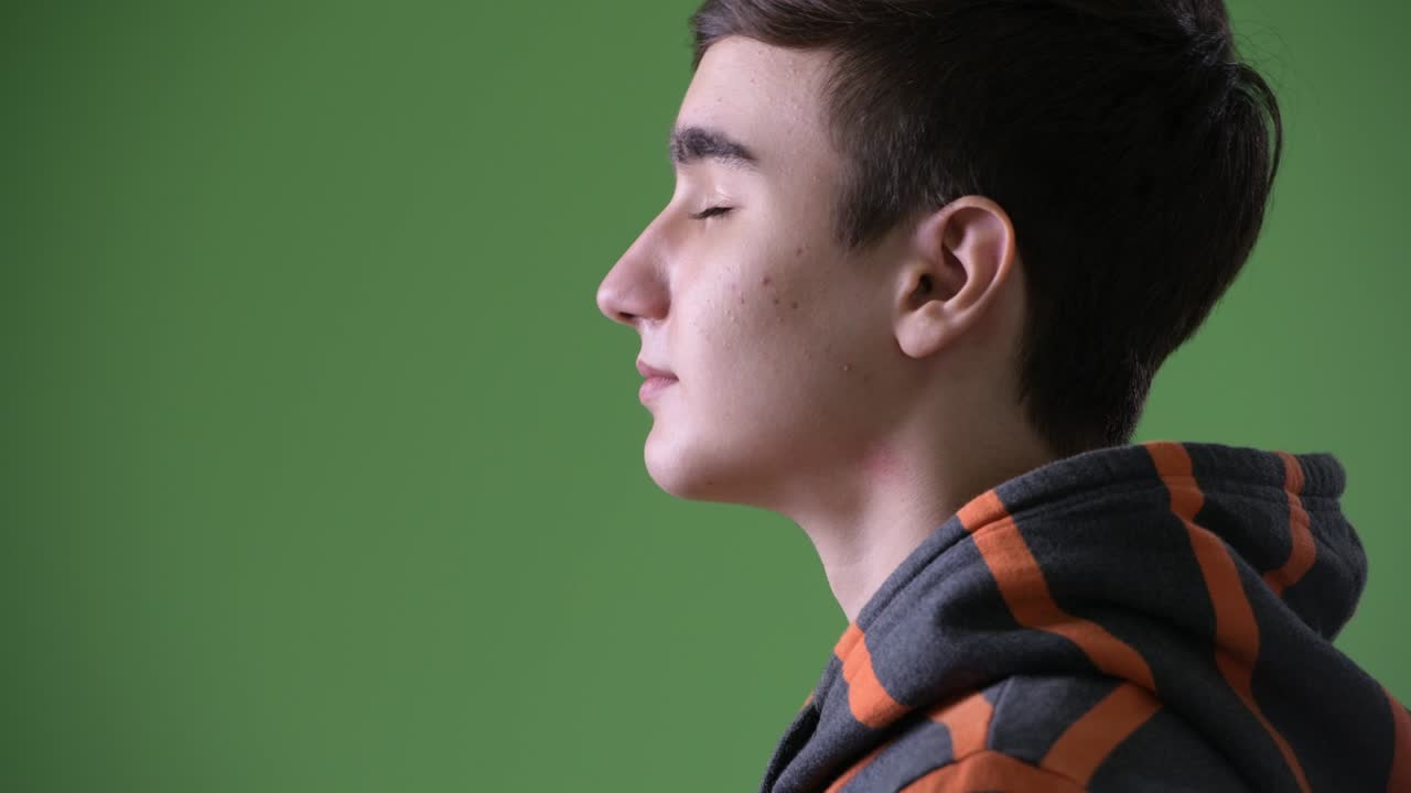 Young handsome Iranian teenage boy against green background