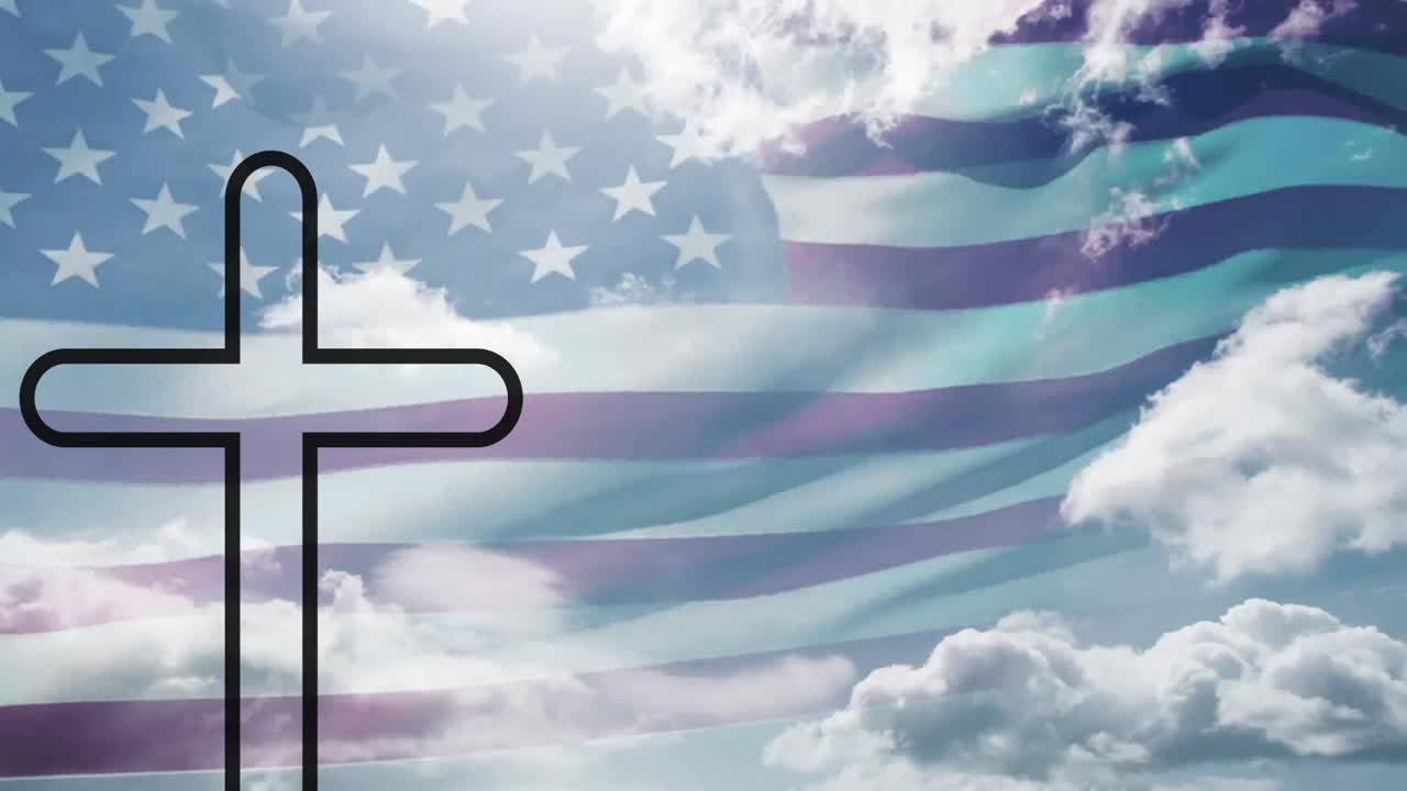 American flag and cross silhouette against cloudy sky in animation backdrop