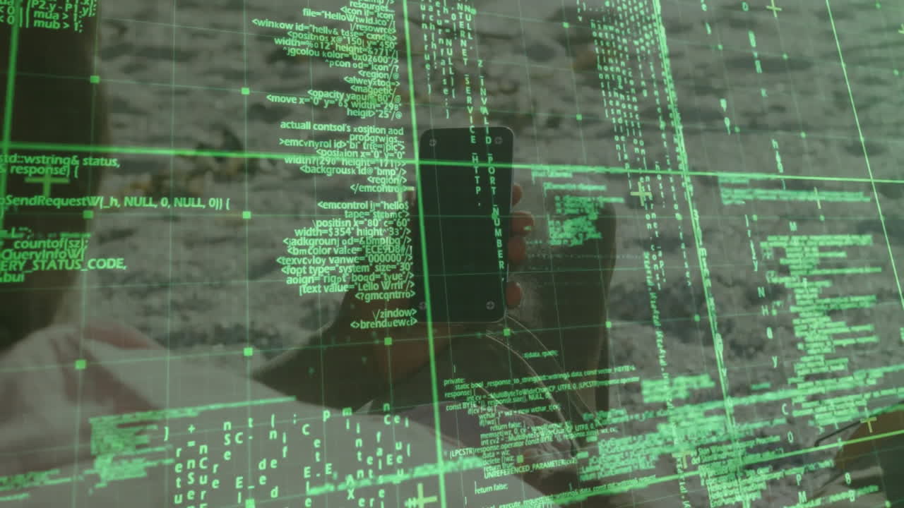 Green coding and data processing animation over person using laptop