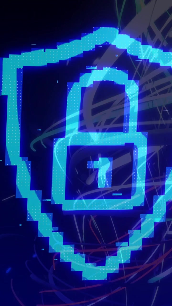 Vertical video: Glitching pixels starting neon shield-lock forming and settling to show secure