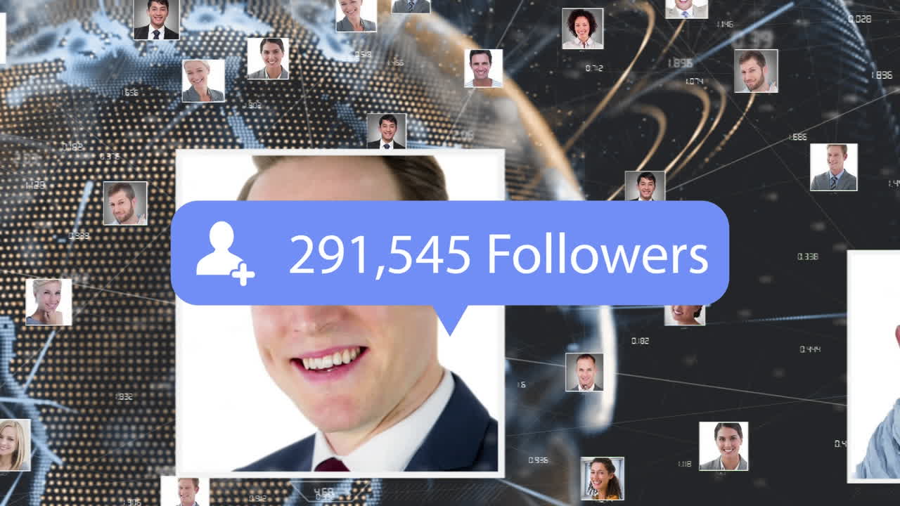 Speech bubble with followers text with increasing numbers against globe of profile icons