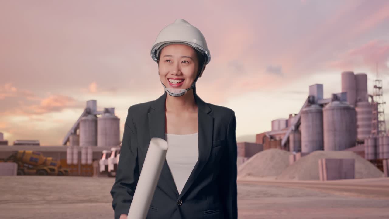 Vista frontal de empresaria asiática sosteniendo un plano mientras camina y mira a su alrededor en una planta de cemento industrial al atardecer.