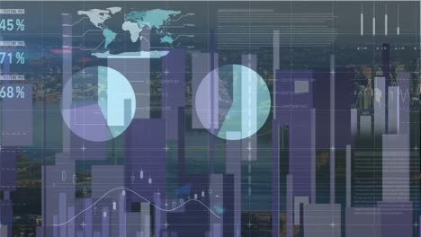 Animation of financial data processing over cityscape