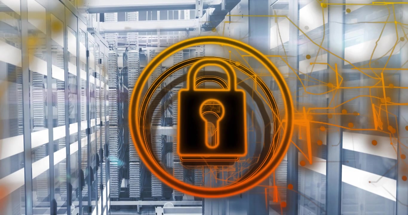 Padlock icon appearing while animating rings outward on racks, network nodes glowing for security
