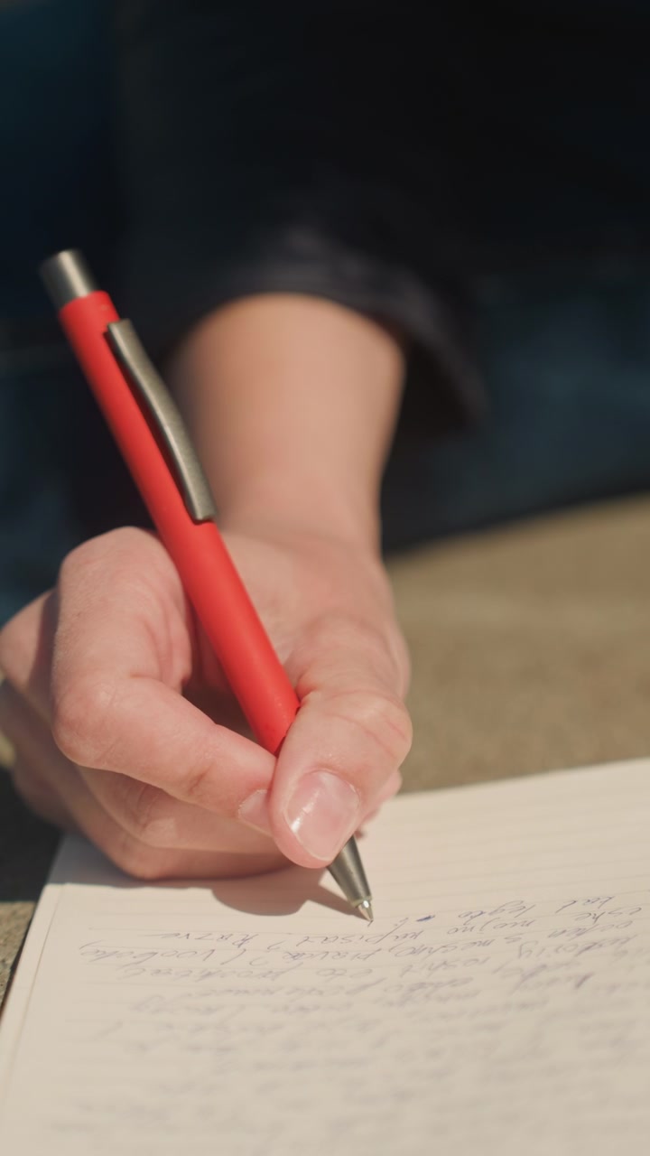 Primo piano di una mano che tiene una penna rossa e scrive su carta con scrittura corsiva. La scena mostra un movimento continuo di formazione delle lettere, catturando la texture dettagliata del tono della pelle e dello sfondo in tessuto.