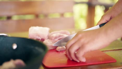 close-up travelling young guy is standing in summer house cooking pilaf for picnic