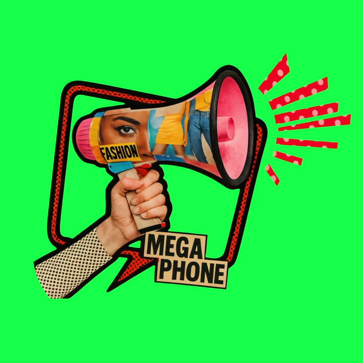 Animeret pop art megafon med modepromovering på grøn skærm