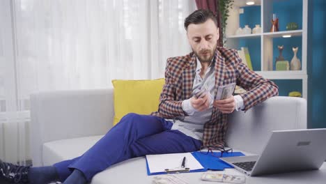 el hombre que cuenta el dinero está calculando en casa. concepto de presupuesto e ingresos y gastos.