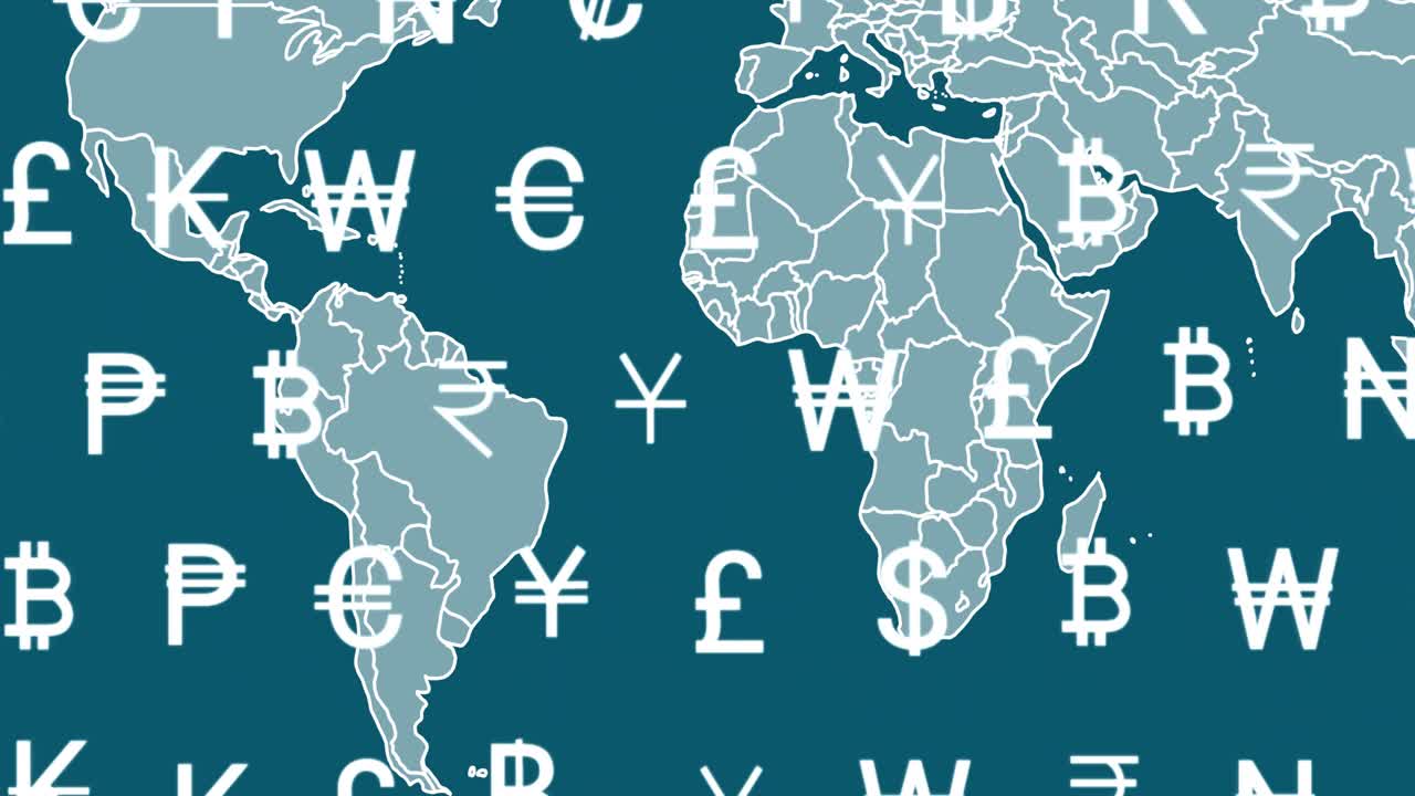 Animazione di simboli di valuta internazionale che si muovono su una mappa mondiale blu.