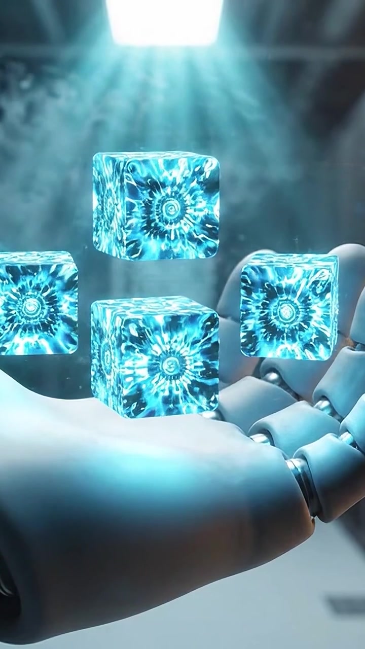 İleri teknolojiyi ve yapay zekayı sergileyen, içinden canlı mavi enerji yayılan, parlayan, animasyonlu bir buz küpünü tutan fütüristik bir robot eli.