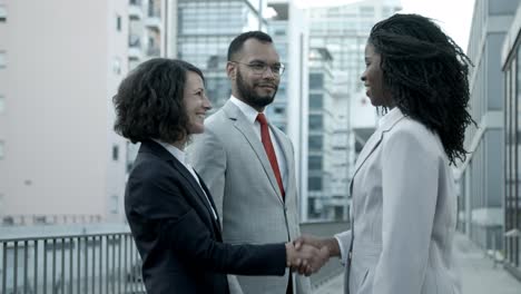 smiling business people meeting on street