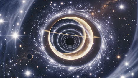 cosmic black hole with swirling stars and celestial rings