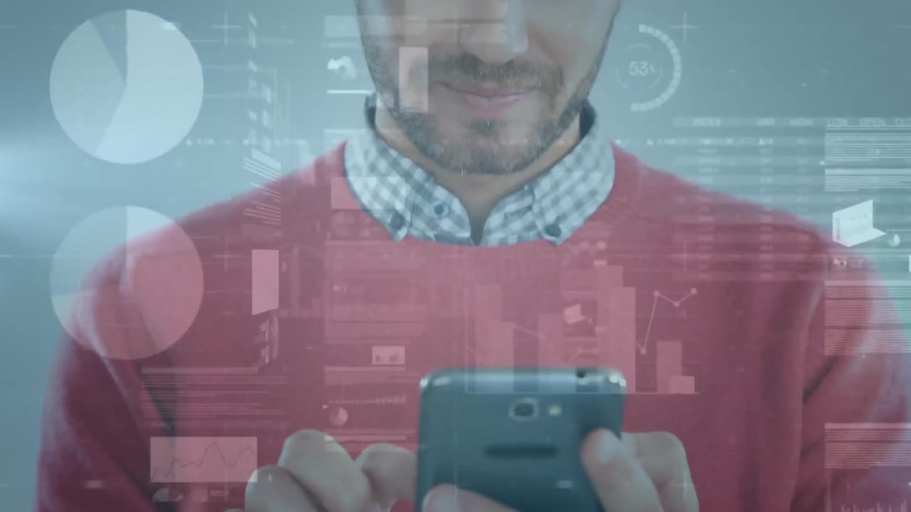animación del procesamiento de datos financieros sobre un empresario caucásico que usa un teléfono inteligente