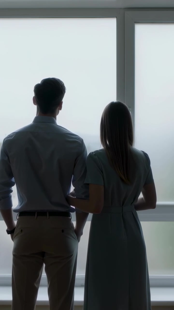 Vertical video: Entering smart couple linking arms gazing out room frosted window at outside light
