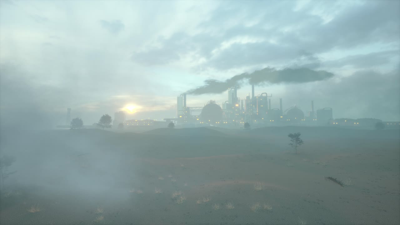 Industrial Plant Emitting Smoke Against A Hazy Sunset Sky