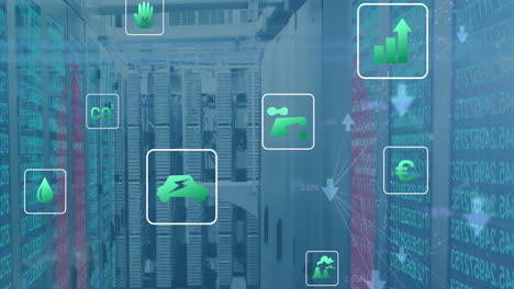 Animation-of-eco-icons-and-data-processing-over-computer-servers