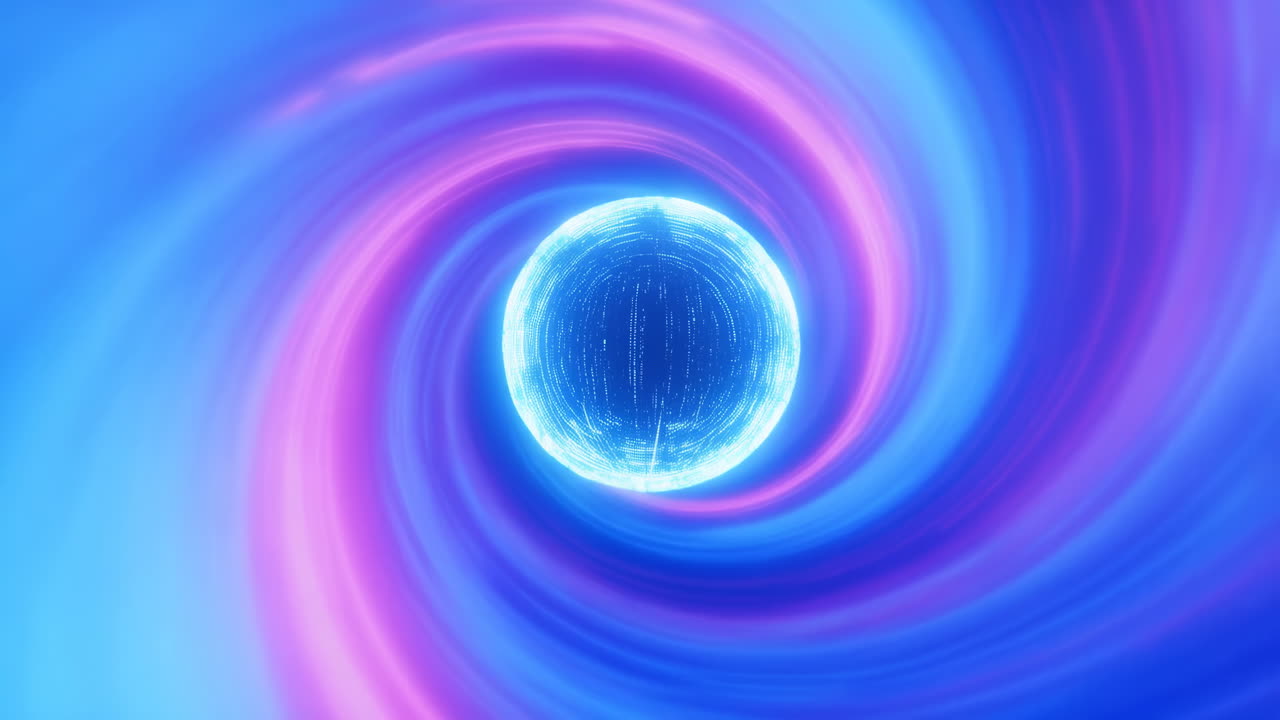 Glowing Digital Sphere in Swirling Blue and Purple Vortex