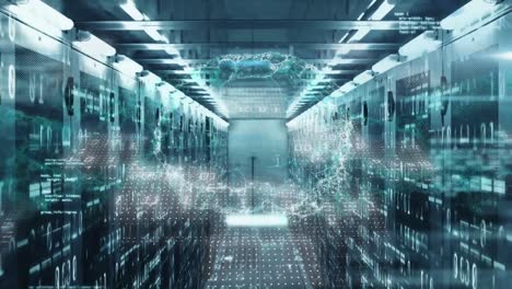 animation of digital brain, computer language and binary codes over server room