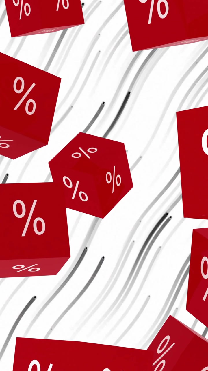 Cubi rossi con segni di percentuale che cadono, animazione di sconto su linee bianche e nere.