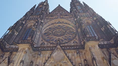 the-majestic-front-wall-of-Metropolitan-Cathedral-of-Saints-Vitus,-Wenceslaus-and-Adalbert-a-Roman-Catholic-metropolitan-cathedral-in-Prague,-Czech-Republic