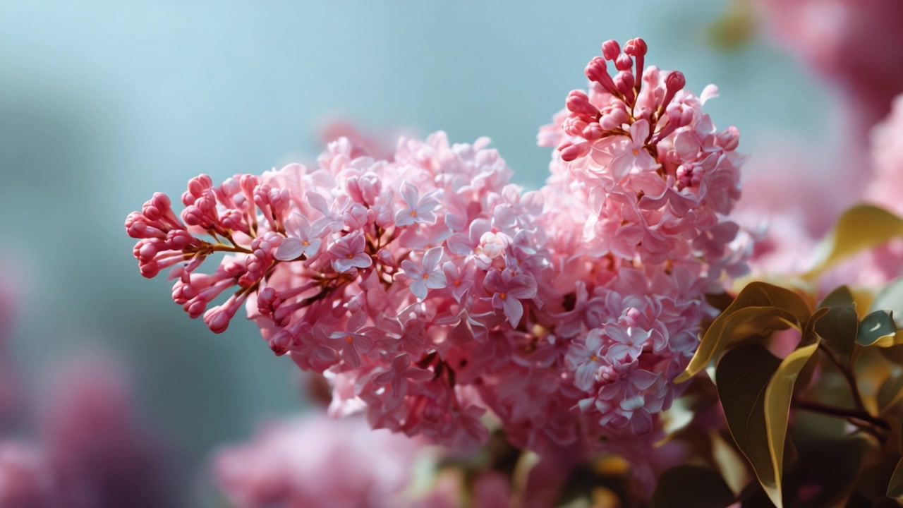 Mekarnya Bunga Lilac yang Memukau, Menampilkan Kelopak Merah Muda dan Daun Hijau yang Spektakuler di Bawah Cahaya Alami Lembut dalam Pengaturan Taman yang Indah