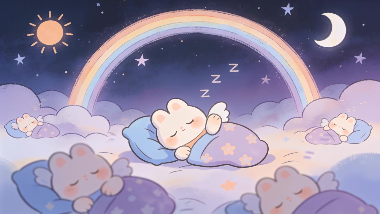 Cute Animated Angel Bunnies Sleeping on Clouds Under a Rainbow